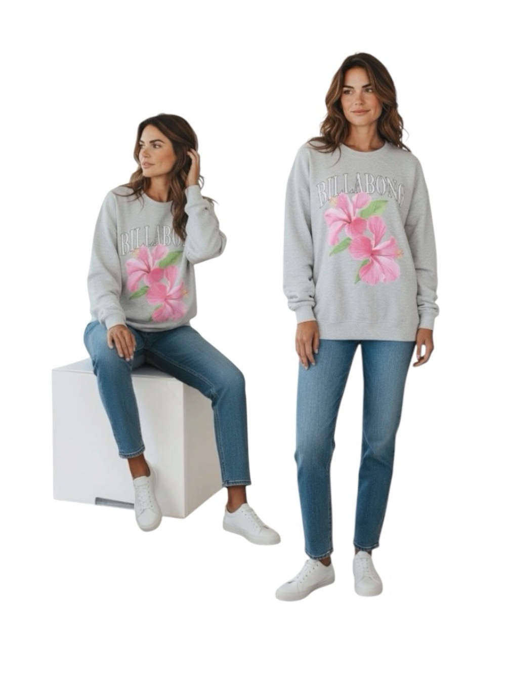 No Boundaries Gray Crewneck Sweatshirt with Pink Honolulu Floral Print